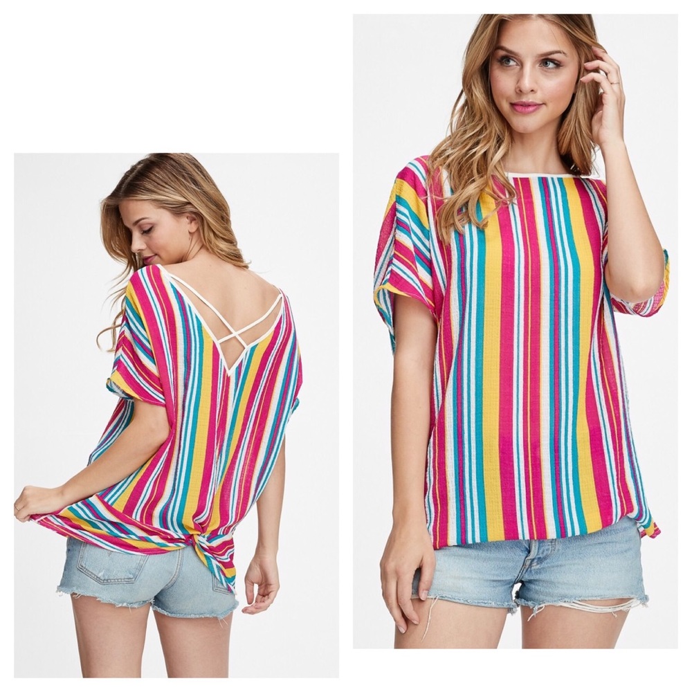 Bright Multicolored Striped Criss Cross Back Top - Picture 3 of 7